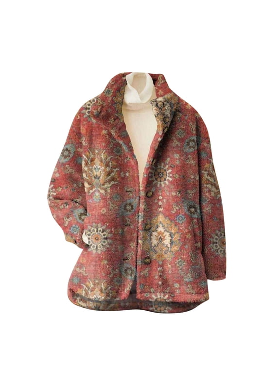 Fall Jackets for Women 2025 Fleece Fuzzy Vintage Floral Print Lapel Button Down With Pocket Warm Padded Winter Clothes