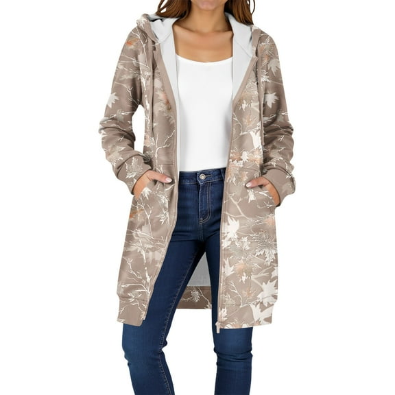 Fall Jackets for Women 2025 Hooded Zip Up Fleece Outwears Fashion Printed Coats Casual Mid-Length Jacket Long Sleeve Hoody Coats with Pocket