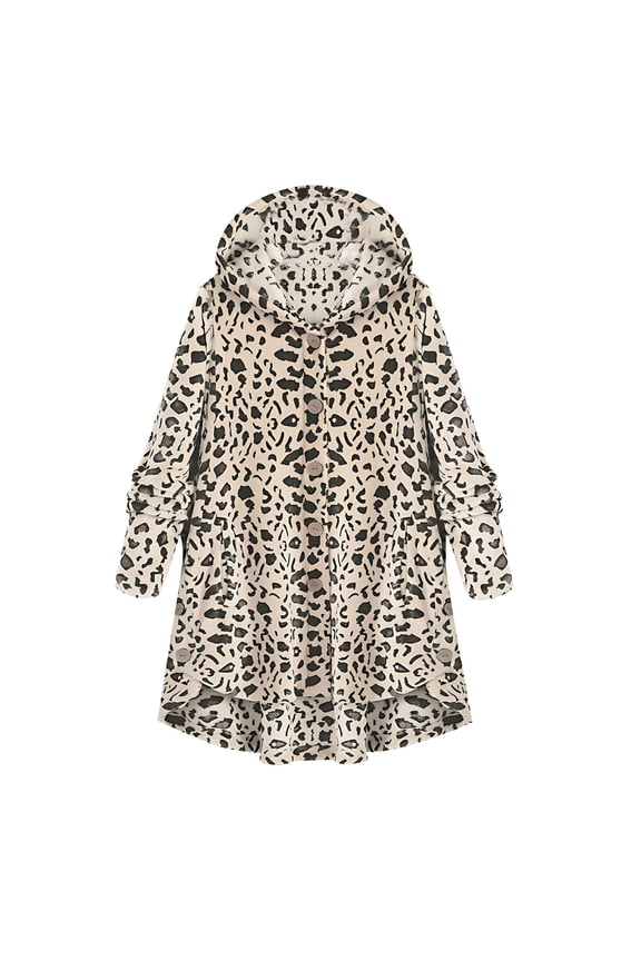 Fall Jackets for Women 2025 Leopard Print Irregular Hem Button Down Hooded Sweatshirt Oversise Loose Plush Winter Coats