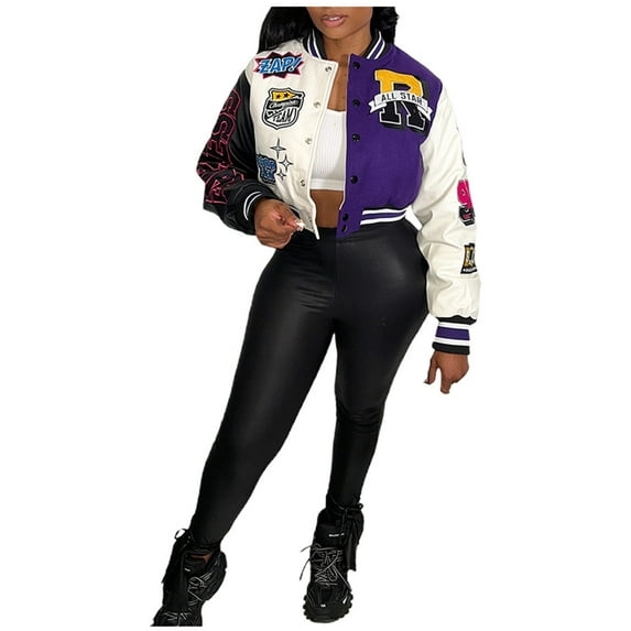 Fall Jackets for Women 2025 Patchwork Cropped Varsity Baseball Jackets y2k Colorblock Letter Print Long Sleeve Button Down Bomber Lightweight Jackets