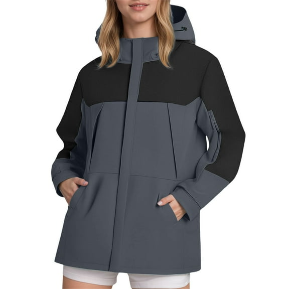 Fall Jackets for Women 2025 Patchwork Zipper Hooded Windbreaker Oversize Windproof Waterproof Outdoor Hiking Raincoat With Pocket Winter Coats