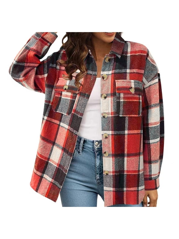 Fall Jackets for Women 2025 Plaid Long Sleeve Shirts For Women Fashion Shackets Flannel Button Down Boyfriend Oversize Outerwear