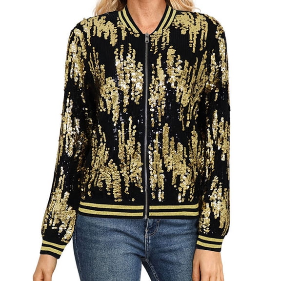 Fall Jackets for Women 2025 Sequin Bomber Zip Up Stand Collar Sparkly Baseball Festival Party Winter Coats