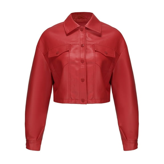 Fall Jackets for Women 2025 Solid Long Sleeve Button Lapel Cropped Leather With Pocket Moto Biker Slim Winter Coats