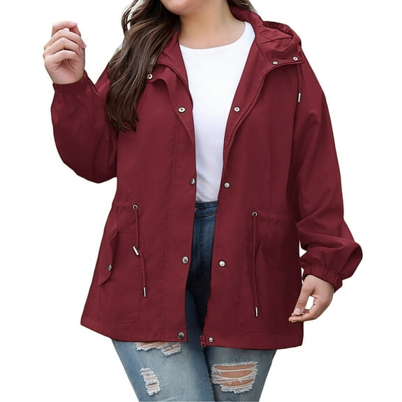 Fall Jackets for Women 2025 Solid Windbreaker Oversize Zipper Button Drawstring Hooded Windproof Waterproof Hiking Travel Lightweight Jackets