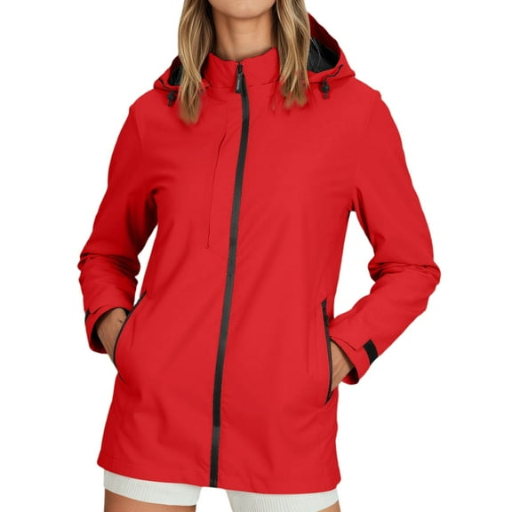 Fall Jackets for Women 2025 Solid Windproof Waterproof Zipper Hooded Raincoat Outdoor Hiking Camping Windbreaker With Pocket Winter Coats