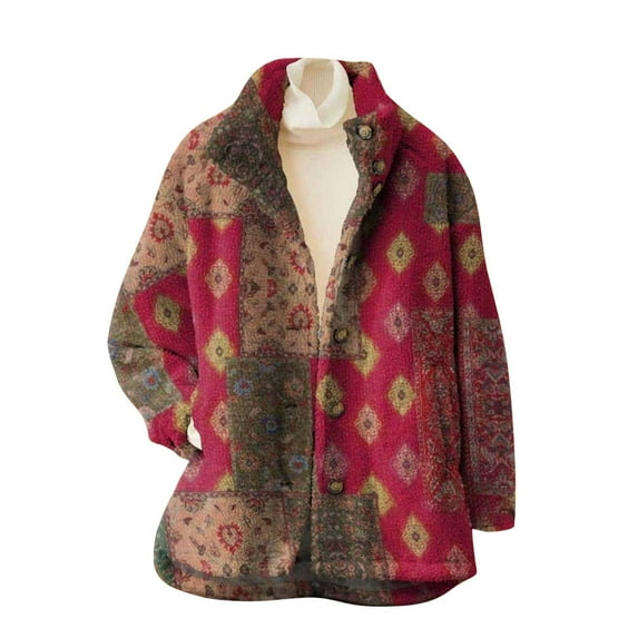 Fall Jackets for Women 2025 Vintage Fleece Fuzzy Floral Print Lapel Button Down Padded With Pocket Warm Winter Clothes