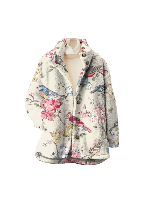 Fall Jackets for Women 2025 Warm Fleece Fuzzy Vintage Floral Print Button Down Lapel Padded With Pocket Warm Lightweight Outwears