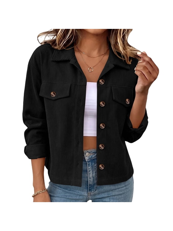 Fall Jackets for Women Corduroy Lapel Long Sleeve with Pockets Cargo Casual Cropped Blazers