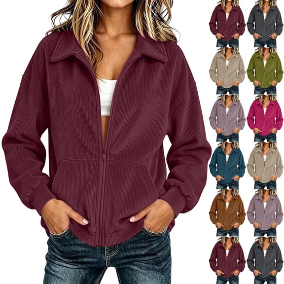 Fall Jackets for Women Corduroy Lapel Zip Up Jackets with Pockets Womens Loose Trendy Casual Coats