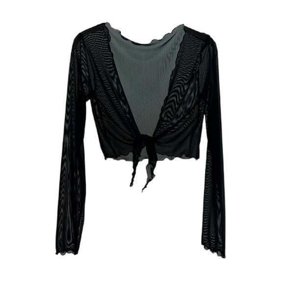 Fall Jackets for Women Dressy New Womens Tie Front Shrugs Cropped Cardigan Solid Color Long Sleeve Lightweight Mesh Lace up Outerwear Black One Size