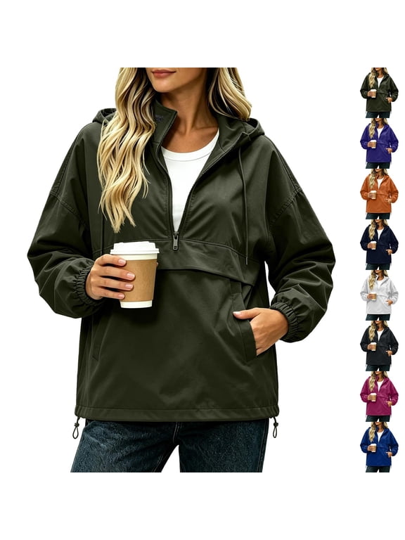 Fall Jackets for Women Half Zip Up Waterproof Jackets with Detachable Hood & Pockets Lightweight Loose Casual Coats