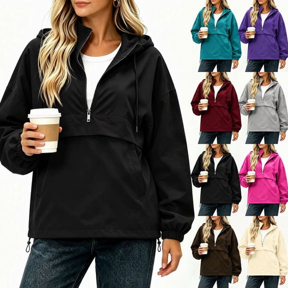 Fall Jackets for Women Half Zip Up Waterproof Jackets with Detachable Hood & Pockets Lightweight Loose Casual Coats