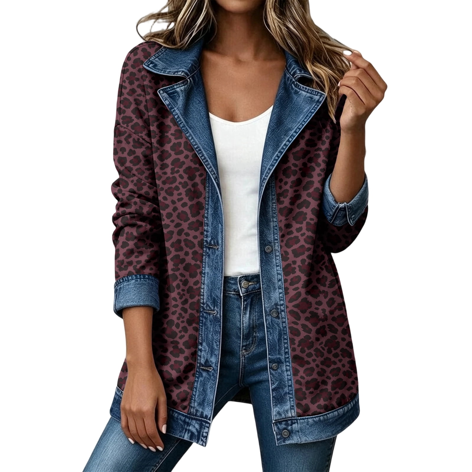 Fall Jackets for Women Leopard Print Patchwork Denim Trim Button Down ...