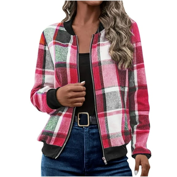 Fall Jackets for Women Plus Size New Fall Causal Jacket for Women Zip up Plaid Coats Long Sleeve Stand Collar Lightweight Outerwear Tops Pinks XXL