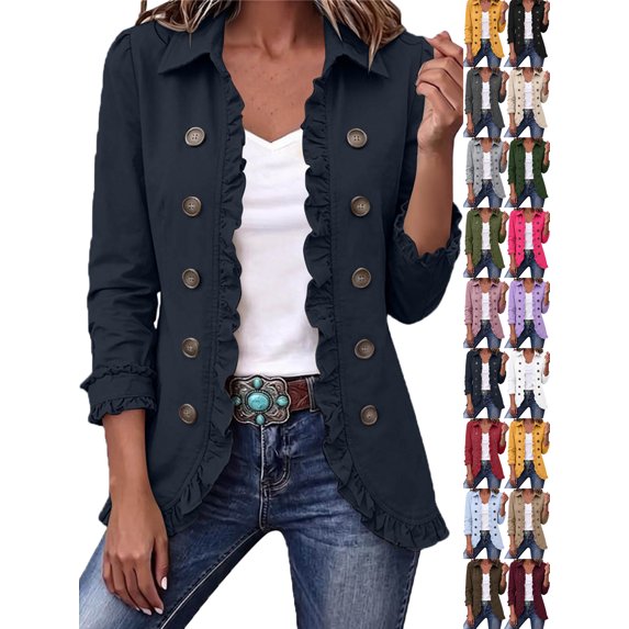 Fall Jackets for Women Ruffle Detail Double Breasted Shirt Jacket - Versatile Long Sleeve Open Front Top for Spring/Fall Layering