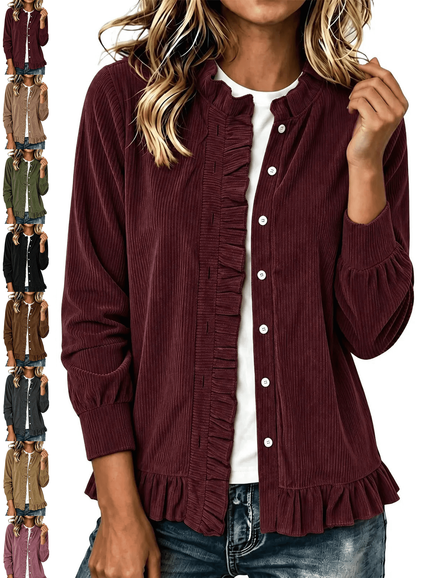 Ruffle Button Jacket Fall Jackets for Women Ruffle Trim Button Down Jacket Corduroy Long ...