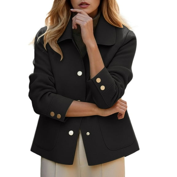 Fall Jackets for Women Trendy Double Faced Woolen Short Notched Lapel Elegant Button Down Plus Size Fall Winter Womens Coat,Black,S