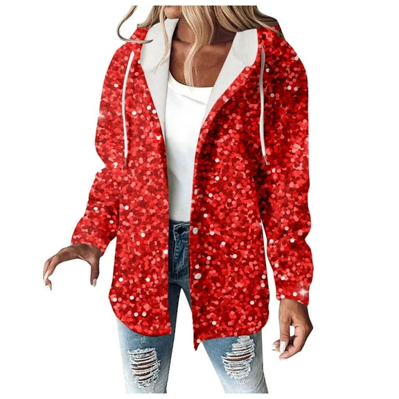 Fall Jackets for Women Trendy Hooded Full Zipper Solid Loose Sequin Drawstring Plus Size Fall Coats for Women,Red,L