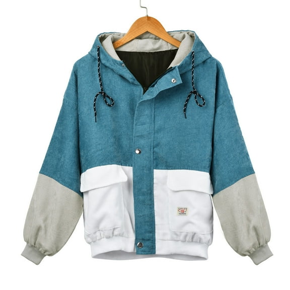 Fall Jackets for Women Trendy Overcoat Windbreaker Corduroy Patchwork Color Block Oversize Fall Winter Womens Coats,Blue,XL
