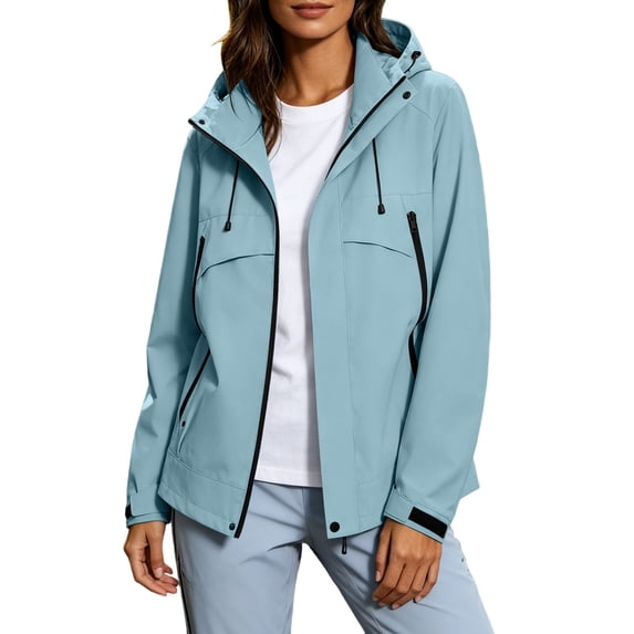 Fall Jackets for Women Waterproof Windbreaker Zip Up Hooded Outdoor Rain Jacket with Multi Pockets for Hiking Travel Workwear