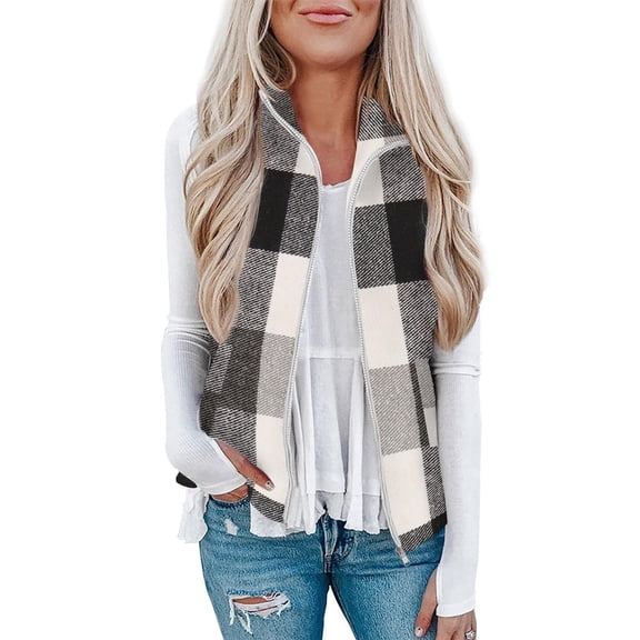 Fall Jackets for Women - Womens Plaid Vests - Lightweight Fuzzy Fleece Jackets Vests Cozy Sleeveless Cardigan Zipper Waistcoat Outerwear with Pocket