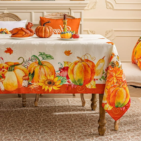 Fall Jacquard Rectangle Tablecloth, Thanksgiving Harvest Orange Pumpkins Farmhouse Table Cloth, Autumn Leaves Washable Table Cover Decoration for Holiday, Dining, Party, 60 x 84 Inch