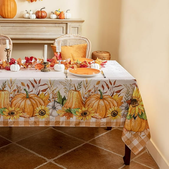 Fall Jacquard Rectangle Tablecloth, Thanksgiving Harvest Pumpkins Buffalo Plaid Table Cloth, Autumn Washable Table Cover for Holiday, Dining, Party Decor SunflowerPumpkinPLD 60 x 102 Inch
