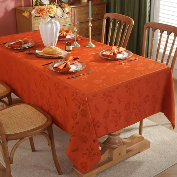 Fall Jacquard Tablecloth Rectangle Elegant Damask Fabric Thanksgiving Table Cloth, Spillproof Wrinkle Resistant Vintage Table Cover for Harvest, 52 x 70 Inch Rust