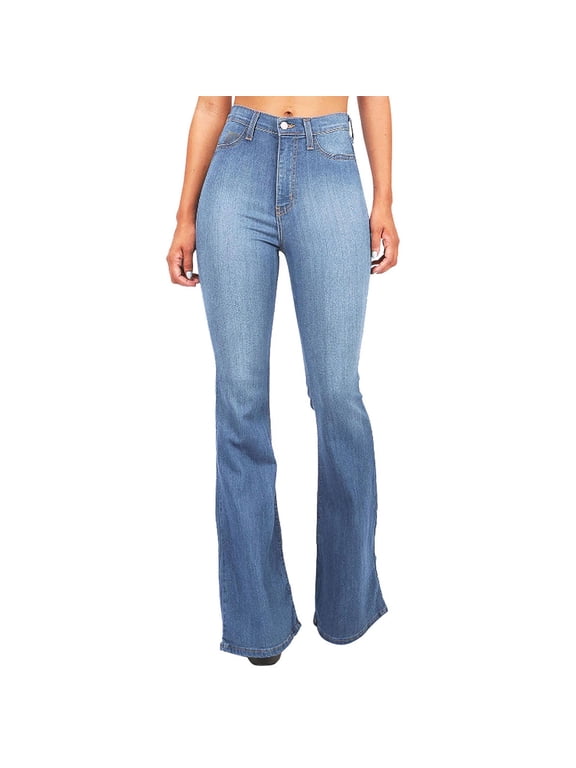 Fall Jeans for Women Women's Flare Bell Bottom Jeans High Waisted Wide Leg Boot Cut Jeans Stretchy Denim Pants S-17 Light blue L
