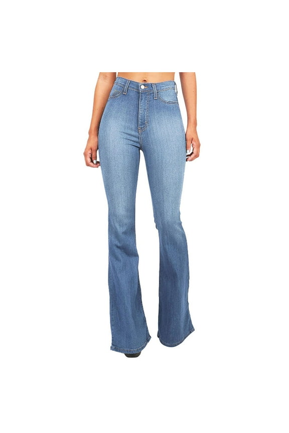Fall Jeans for Women 2024 Women's Flare Bell Bottom Jeans High Waisted Wide Leg Boot Cut Jeans Stretchy Denim Pants S-17 Light blue L