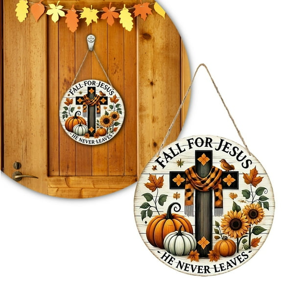 Fall for Jes He Never Leaves Sign for Home Decorations, 7.8" Religious Cross Pumpkin Fall Decor Sign Farmhouse Wreaths, for Front Door Christian Jesus Hanger Sign for Autumn Thanksgiving