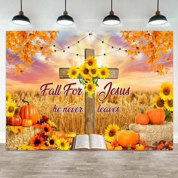 Fall for Jesus Backdrop Autumn Christian Thanksgiving Photography Background Rustic Cross Sunflowers Pumpkins Bible Book Nature Banner Decorations Religious Portrait Photo Booth Props