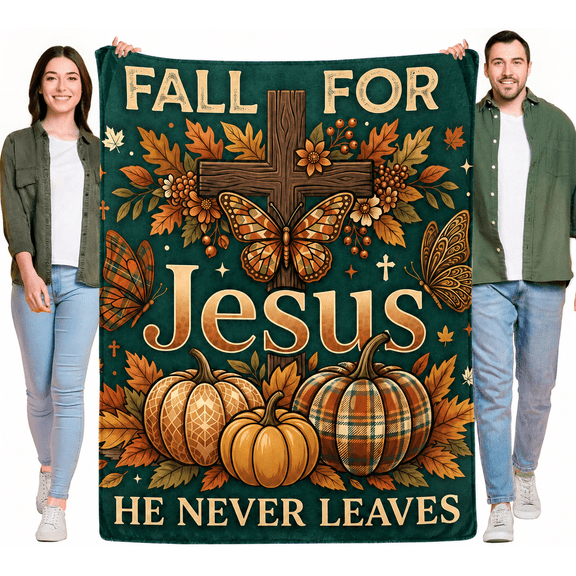 Fall for Jesus Christian Throw Blanket, Butterfly Cross Pumpkin Flannel Blanket with White Reverse, Teal Autumn Religious Decor for Couch Bed Sofa 60x80in