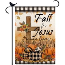 Fall For Jesus Garden Flag He Never Leaves Cross Pumpkins Maple Leaves for Outside Party Fall Thanksgiving Holiday Farmhouse Decoration 12.5 x 18 Inch