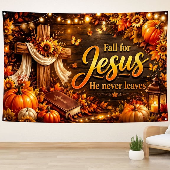Fall for Jesus He Never Leaves Backdrop Rustic Wooden Board Autumn Thanksgiving Background Maple Leaves Sunflower Pumpkin Bible Friendsgiving Party Decorations Banner Photo Booth Props