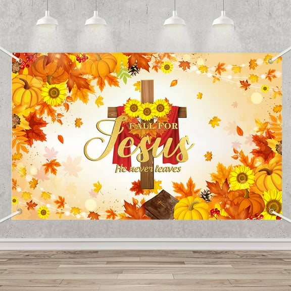 Fall for Jesus He Never Leaves Banner Decorations, Autumn Pumpkin Thanksgiving Party Backdrop, Fall Pumpkin Harvest Cross Photography Background Photo Studio Props 5.9x3.6ft
