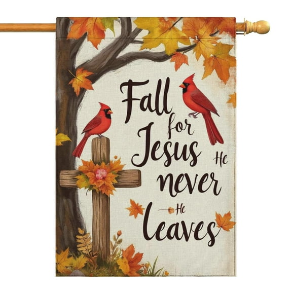 Fall for Jesus He Never Leaves with Cardinal and Cross Fall Garden Flags 28"x40” Double Side,Small Yard Flags for Outside,Outdoor Fall Decor,Autumn Funny Garden Flag Yard Decoration