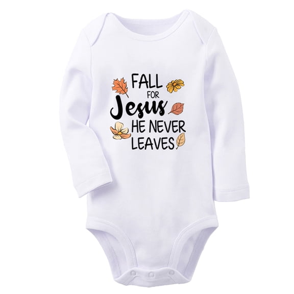 Fall For Jesus He Never Leaves Funny Rompers, Newborn Baby Unisex Bodysuits, Infant Jumpsuits, Toddler 0-12 Months Kids Long Sleeves Oufits (White, 6-12 Months)