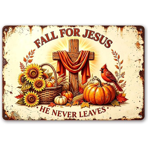 Fall Jesus Tin Sign, Pumpkin Sunflower Cross Wall Art Decor, 12x8