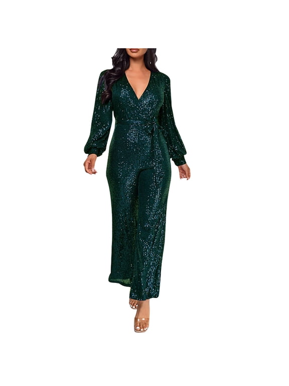 Fall Jumpsuits for Women Sequin V-Neck Wrap Long Sleeve Party One Piece Bodysuit