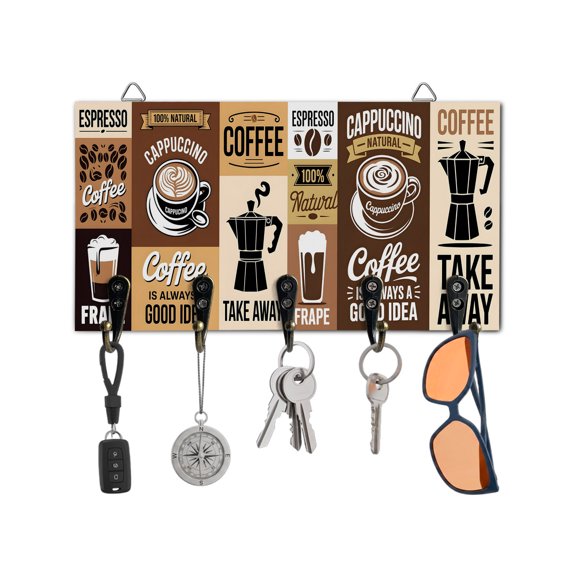 Fall Key Holder for Wall Coffee Beans Cup Key Hooks Wood Wall Mounted Key Holder Leisure Espresso Thanksgiving Key Rack Organizer with 5 Hooks for Entryway Hallway Office Bathroom Kitchen Home Decor