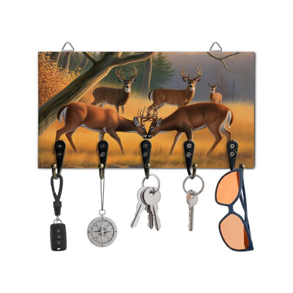 Fall Key Holder for Wall Elk Forest Key Hooks Wood Wall Mounted Key Holder Autumn Maple Leaf Thanksgiving Key Rack Organizer with 5 Hooks for Entryway Hallway Office Bathroom Kitchen Home Decor