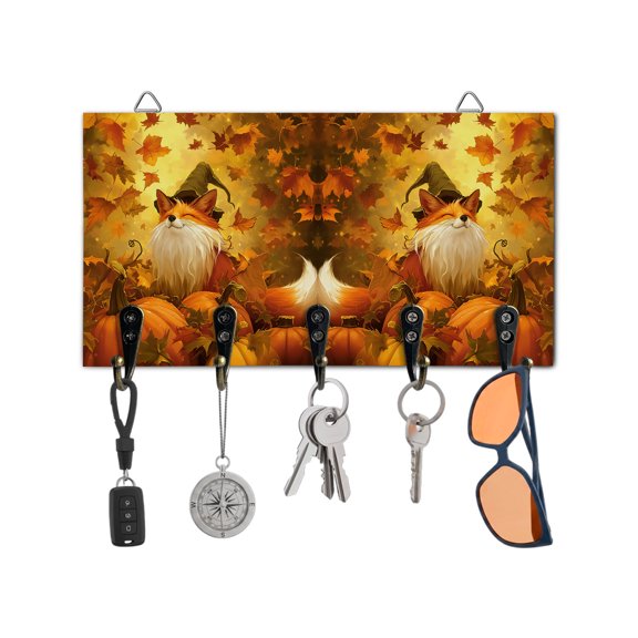 Fall Key Holder for Wall Fox Pumpkin Key Hooks Wood Wall Mounted Key Holder Autumn Maple Leaves Thanksgiving Key Rack Organizer with 5 Hooks for Entryway Hallway Office Bathroom Kitchen Home Decor