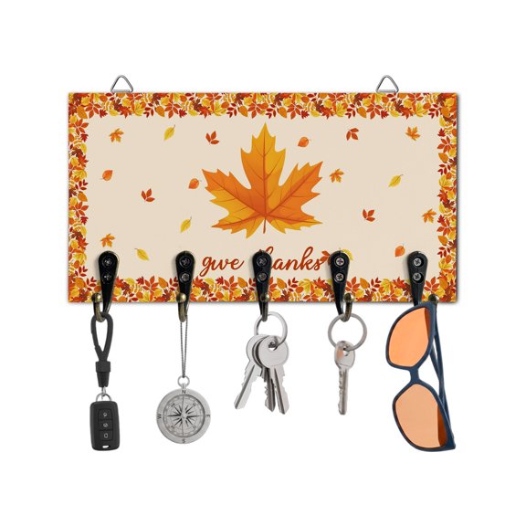 Fall Key Holder for Wall Maple Leaf Key Hooks Wood Wall Mounted Key Holder Orange Leaves Give Thanks Thanksgiving Key Rack Organizer with 5 Hooks for Entryway Hallway Office Bathroom Kitchen