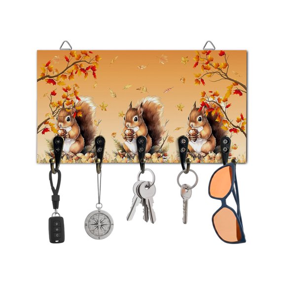 Fall Key Holder for Wall Maple Leaf Tree Branch Key Hooks Wood Wall Mounted Key Holder Squirrel Pine Cone Thanksgiving Key Rack Organizer with 5 Hooks for Entryway Hallway Office Bathroom Kitchen