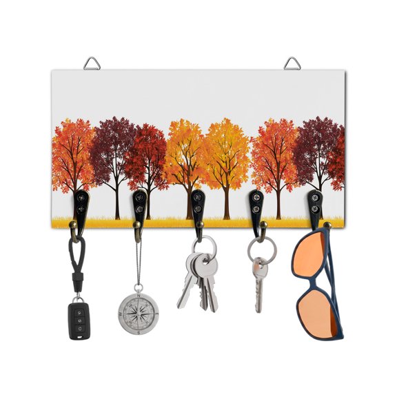 Fall Key Holder for Wall Orange Forest Key Hooks Wood Wall Mounted Key Holder Autumn Maple Leaves Thanksgiving Key Rack Organizer with 5 Hooks for Entryway Hallway Office Bathroom Kitchen Home Decor