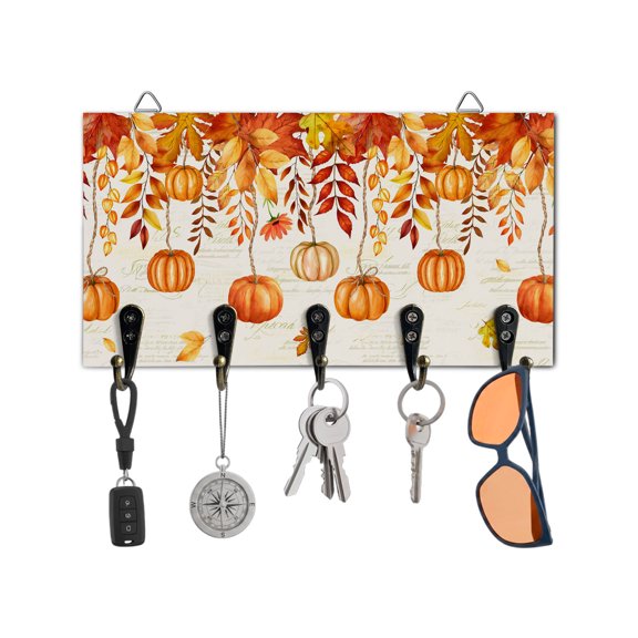 Fall Key Holder for Wall Orange Pumpkin Key Hooks Wood Wall Mounted Key Holder Fallen Maple Leaf Thanksgiving Key Rack Organizer with 5 Hooks for Entryway Hallway Office Bathroom Kitchen Home Decor