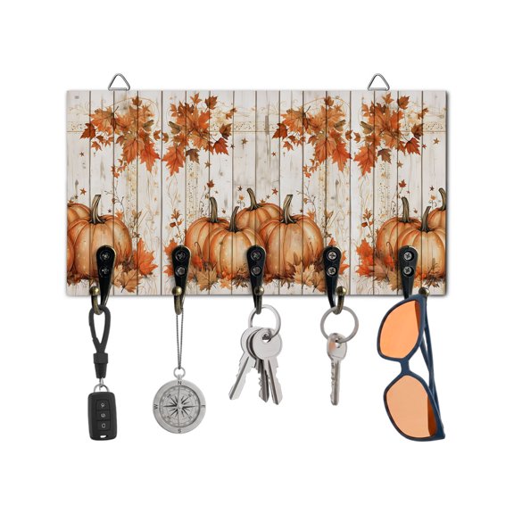 Fall Key Holder for Wall Orange Pumpkin Key Hooks Wood Wall Mounted Key Holder Maple Leaves Wood Thanksgiving Key Rack Organizer with 5 Hooks for Entryway Hallway Office Bathroom Kitchen Home Decor