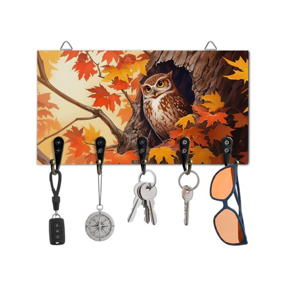 Fall Key Holder for Wall Owl Key Hooks Wood Wall Mounted Key Holder Red Maple Leaves Thanksgiving Key Rack Organizer with 5 Hooks for Entryway Hallway Office Bathroom Kitchen Home Decor